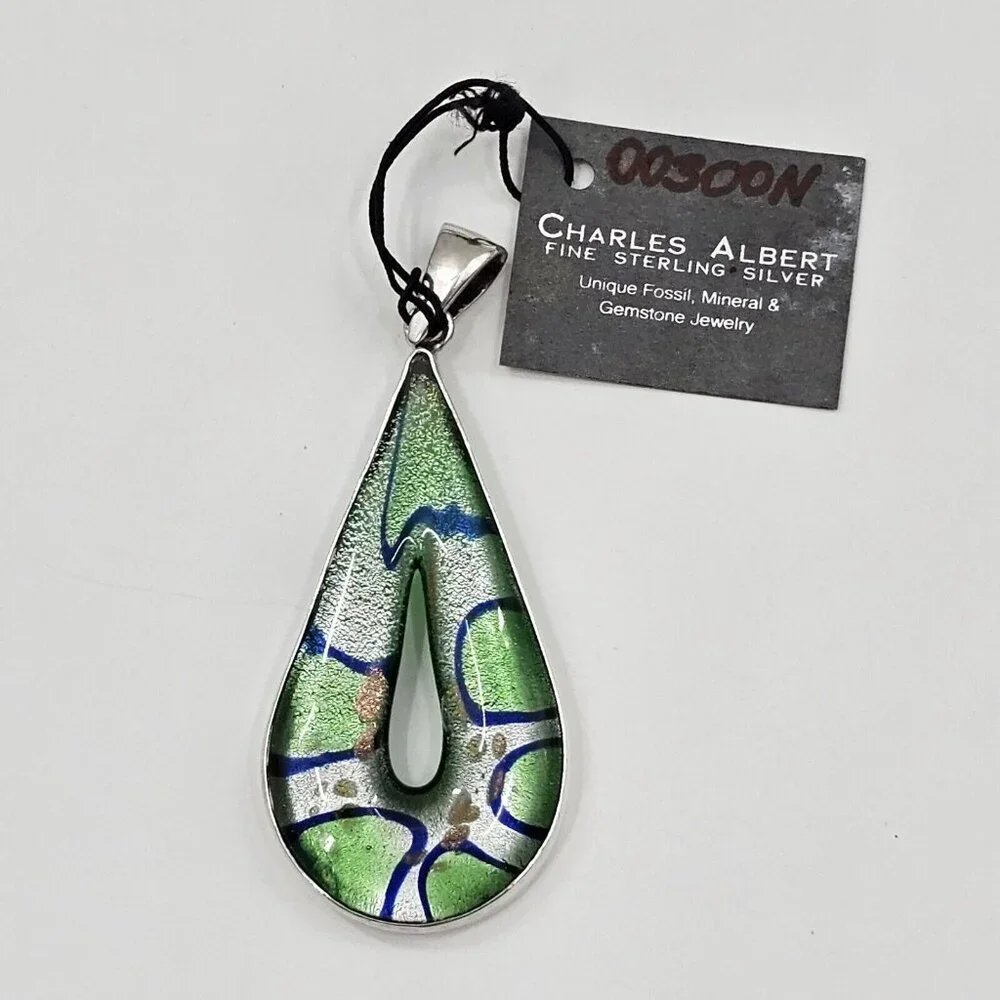 Charles Albert Dichroic Green Art Glass Fine Sterling Silver Necklace Pendant - Picture 2 of 10